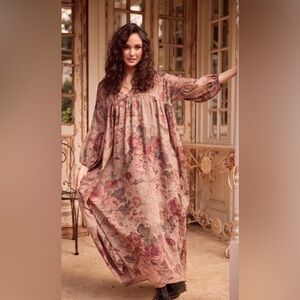 Miss Rose Sister Violet Pink Cotton Floral Bohemian Maxi Dress Size S/M